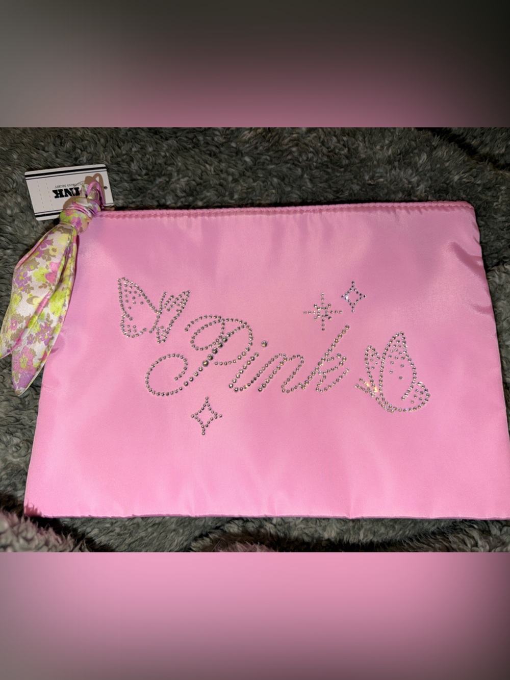 PINK Victoria's Secret Pink Rhinestone Script Cosmetic Pouch with Floral Scarf